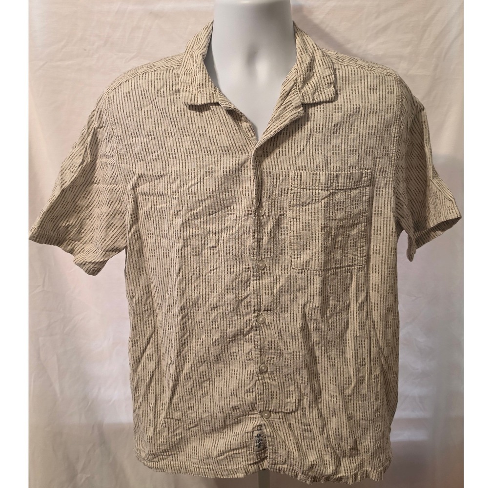 The Stronghold Mens XL Regular Fit Short Sleeve Button Down Striped Shirt Cream